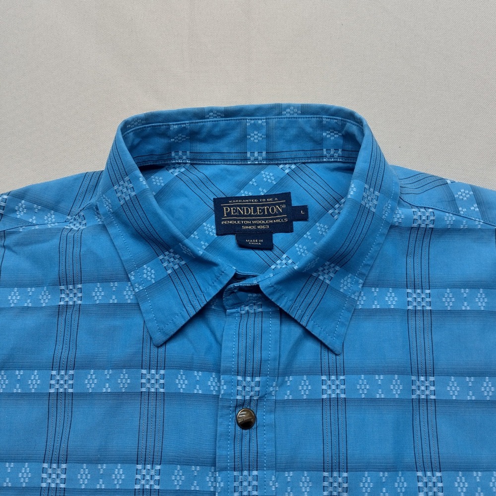 Pendleton Mens Large Blue Dobby Geometric Stripe Cotton Short Sleeve Shirt